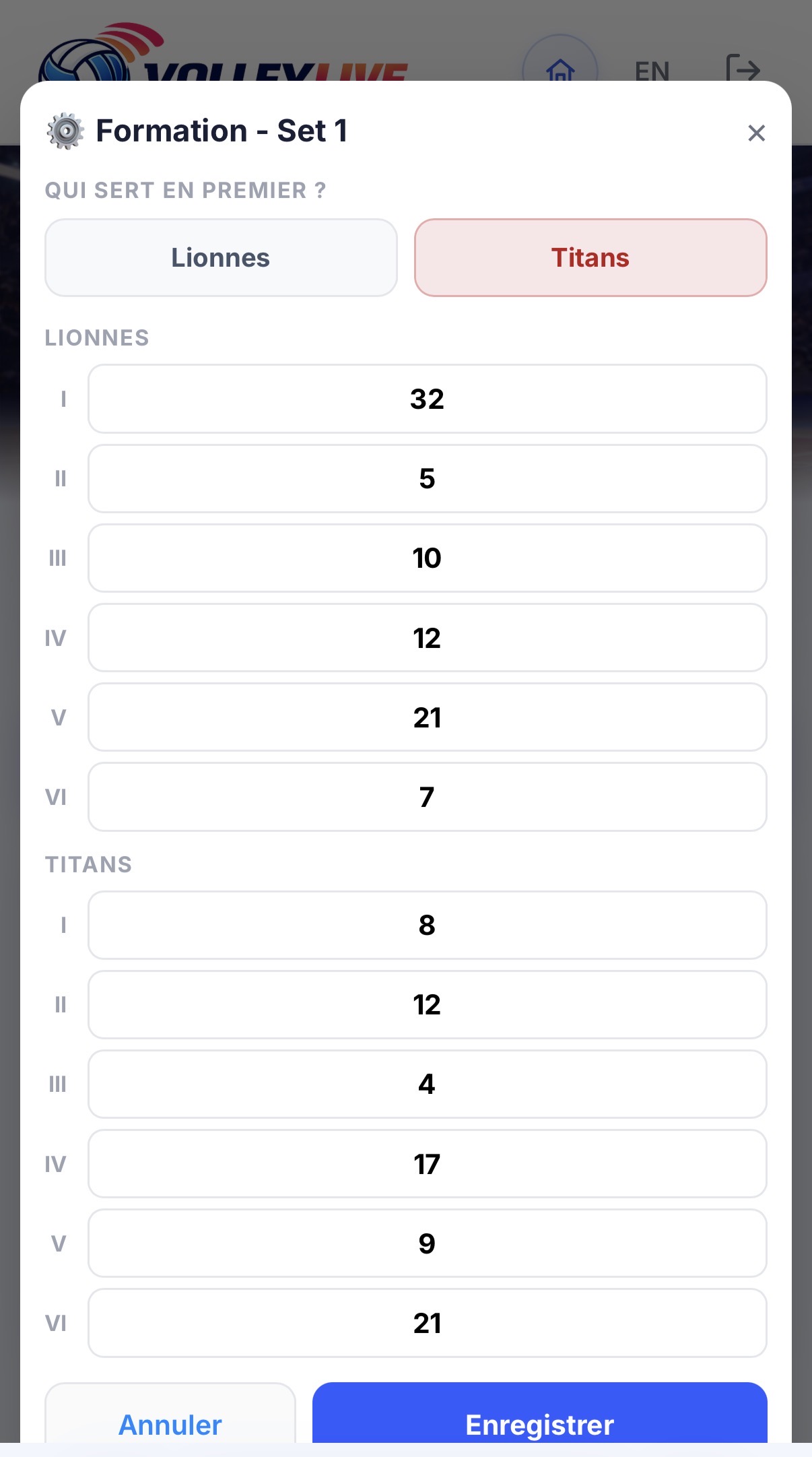 Saisie de la formation de départ et de l’ordre de service dans Volley Live