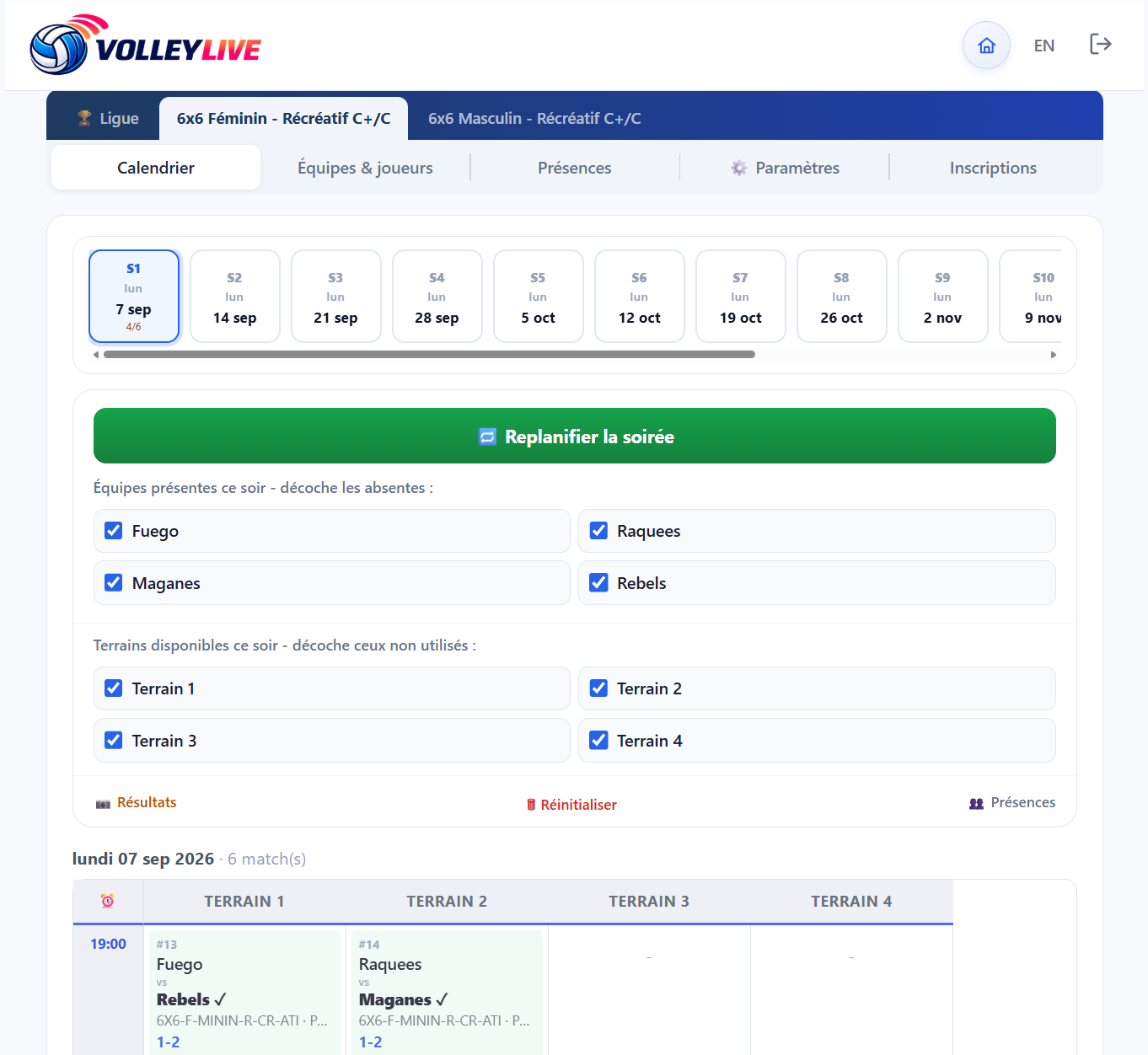 Calendrier et planification d’une soirée de ligue dans Volley Live