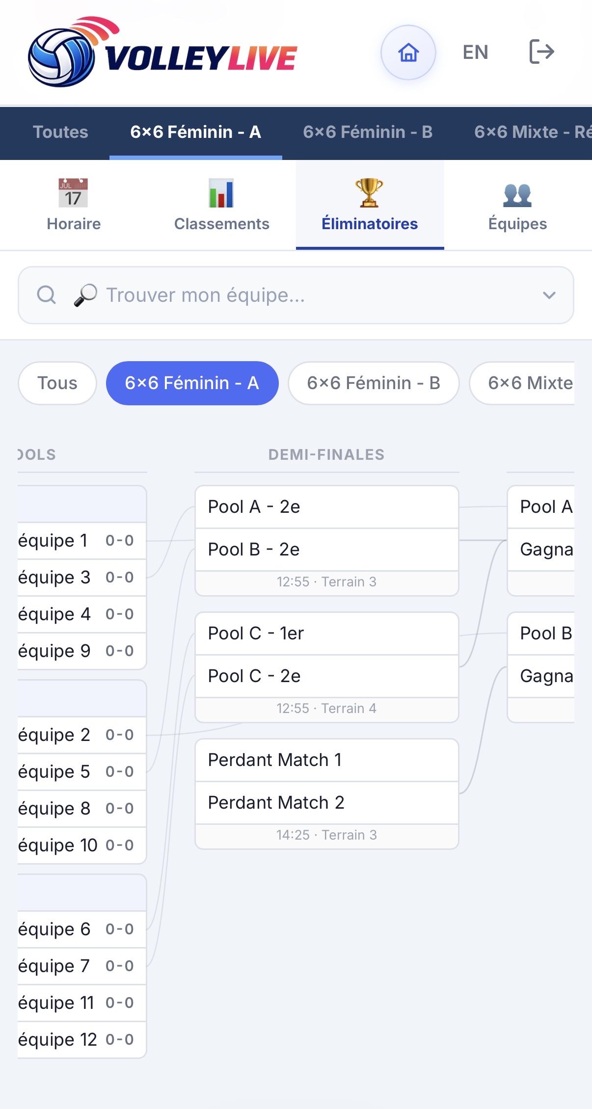 Vue publique d’un tournoi Volley Live avec horaire et résultats