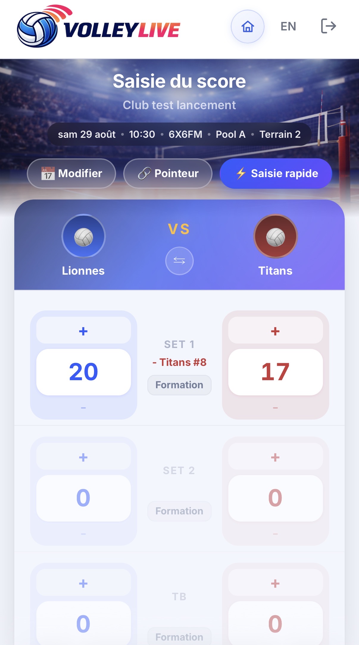 Écran de pointage d’un match en direct dans Volley Live